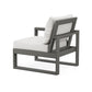 A modern outdoor chair with a gray POLYWOOD® EDGE frame and thick, white cushions on a white background. The chair's design is minimalist and stylish, suitable for contemporary interiors.