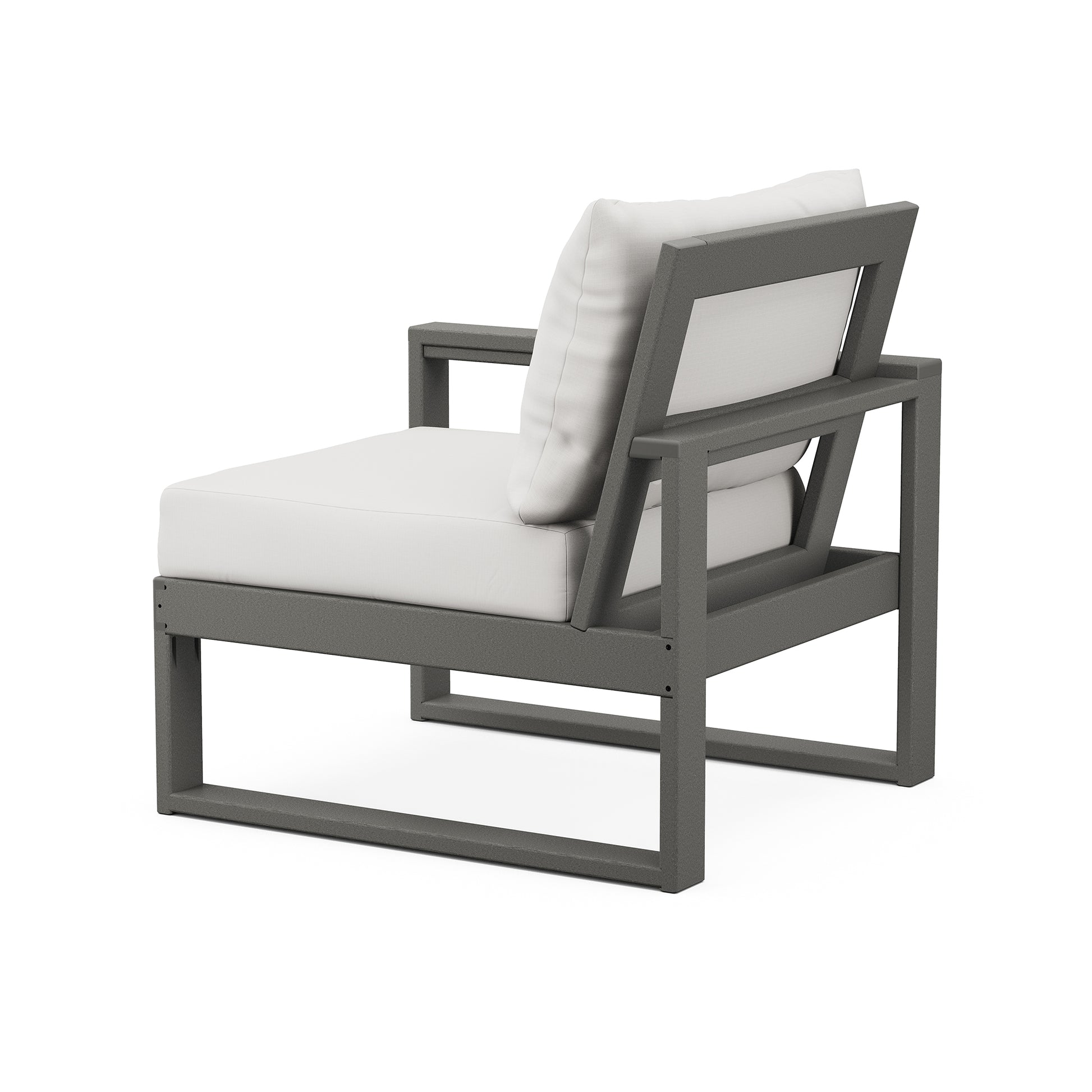 A modern outdoor chair with a gray POLYWOOD® EDGE frame and thick, white cushions on a white background. The chair's design is minimalist and stylish, suitable for contemporary interiors.