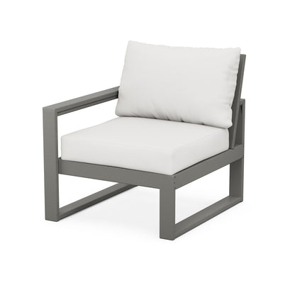 Modern POLYWOOD armchair featuring a gray metal frame and thick white cushions on the seat and back, designed with weather-resistant construction, isolated on a white background.