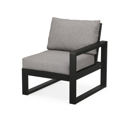 A modern outdoor chair with a black POLYWOOD EDGE Modular Right Arm Chair frame and light gray cushions, isolated on a white background.