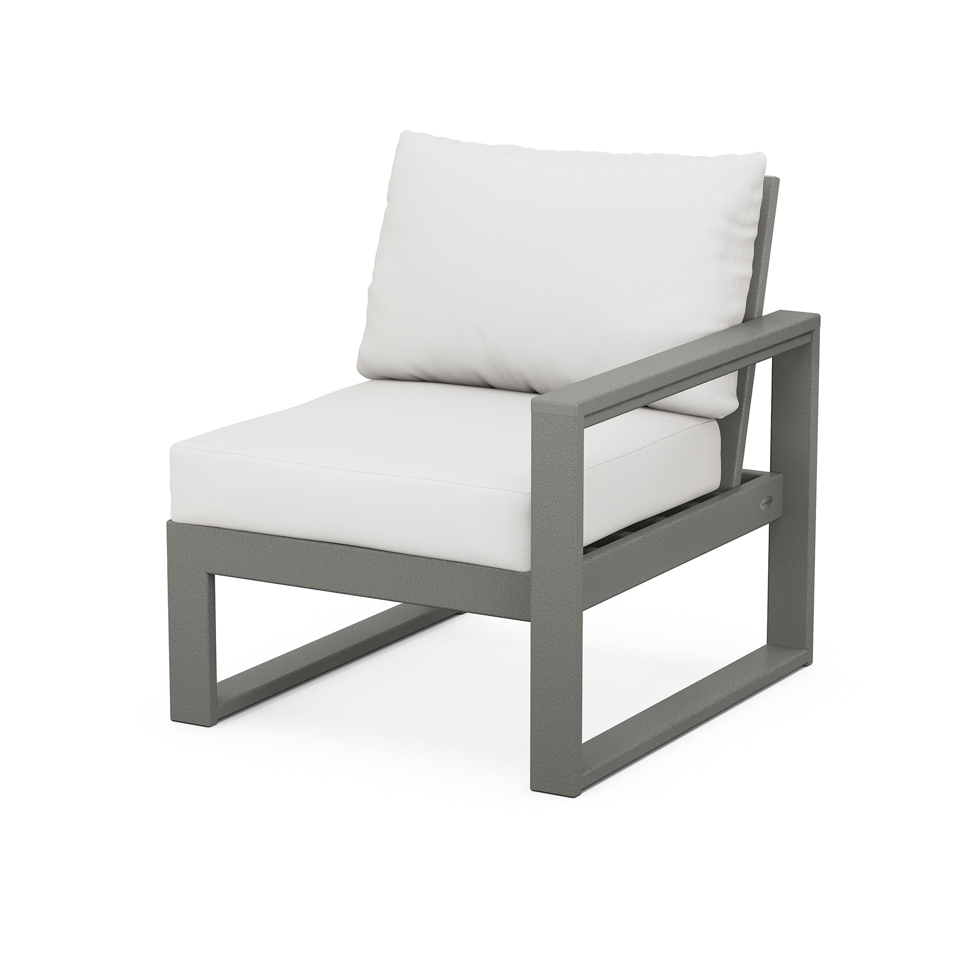 A POLYWOOD EDGE Modular Right Arm Chair with a dark gray aluminum frame and white cushions, featuring weather-resistant construction, isolated on a white background.