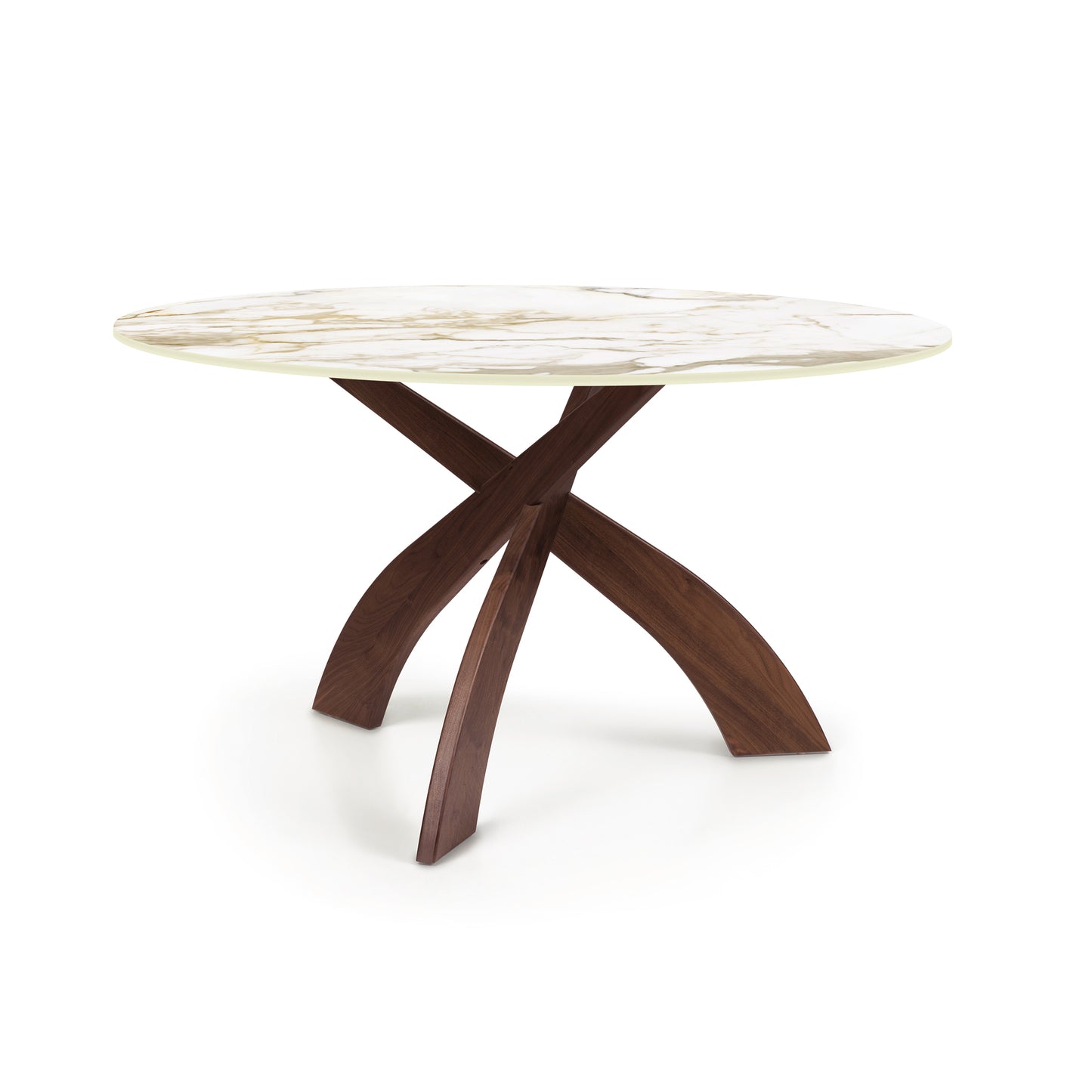 Entwine round table by Copeland Furniture with sintered stone top and brown wooden crisscross three-legged base.