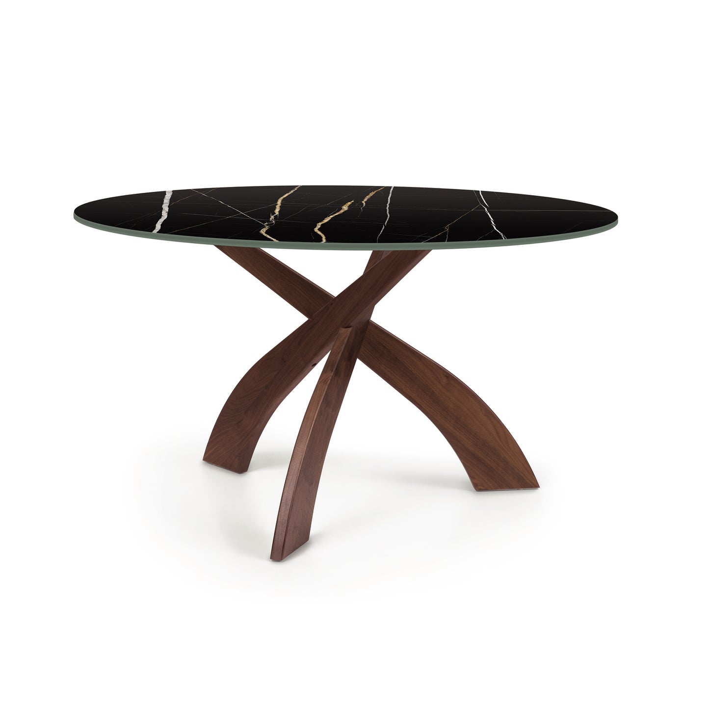 Round Entwine Table with sintered stone top, cherry wood base, and three curved legs by Copeland Furniture.