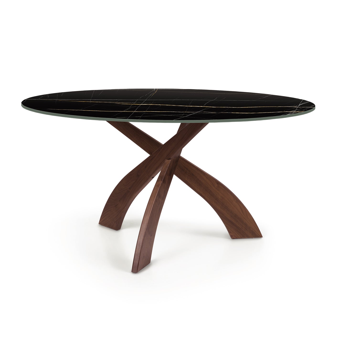 Entwine table with black sintered stone top and curved wooden cross-design legs by Copeland Furniture.