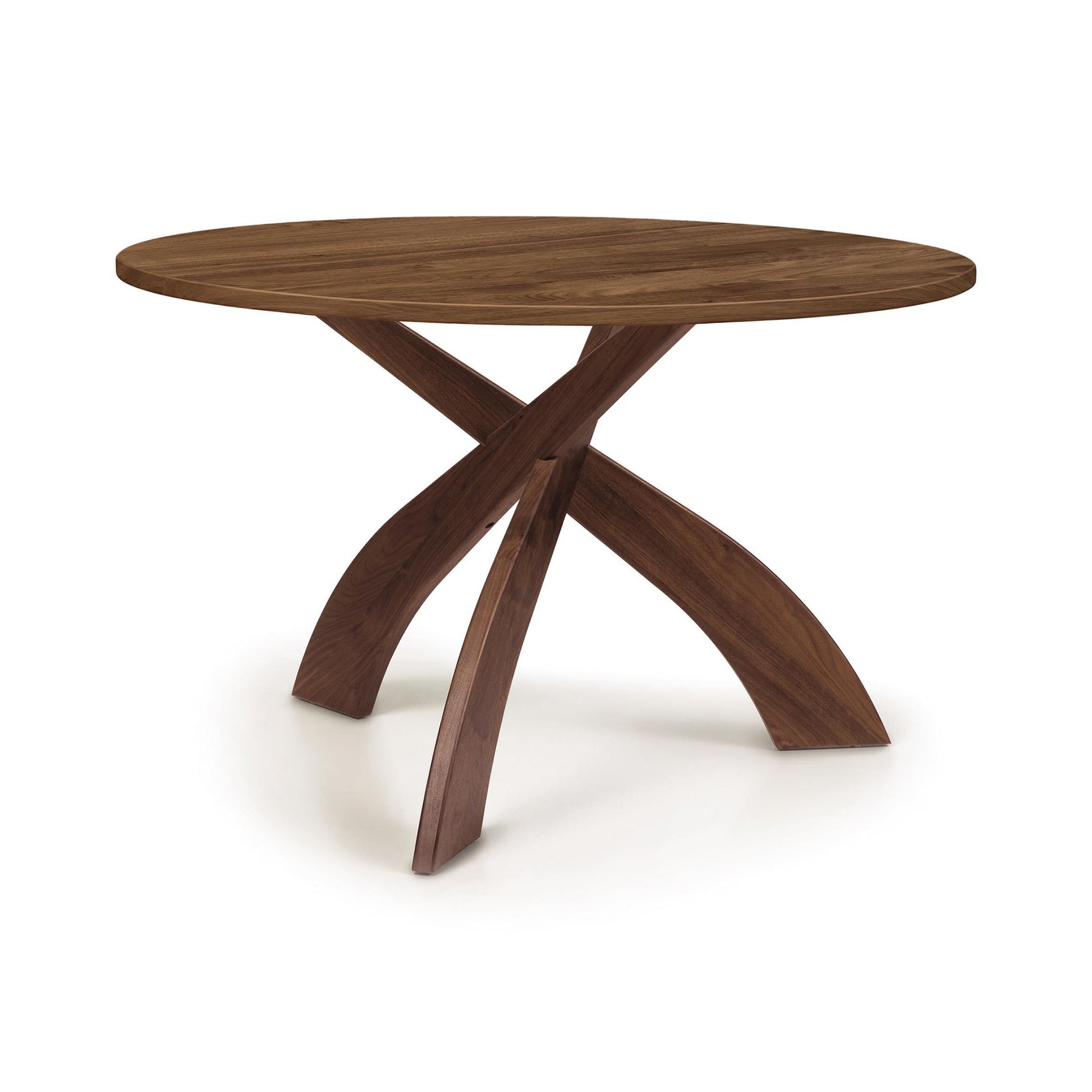Entwine Round Solid Top Table by Copeland Furniture, crafted in solid wood with three elegant curved legs and a smooth round top, American-made.