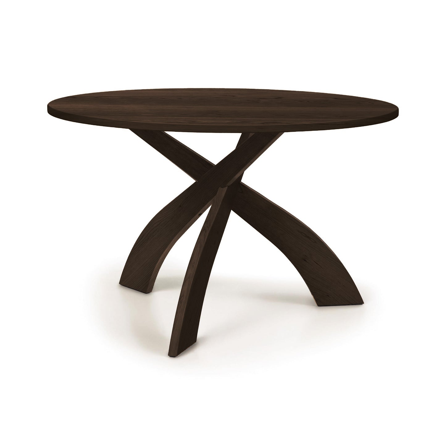 Entwine Round Solid Top Table by Copeland Furniture with three elegant curved legs, shown clearly to highlight its American-made craftsmanship.