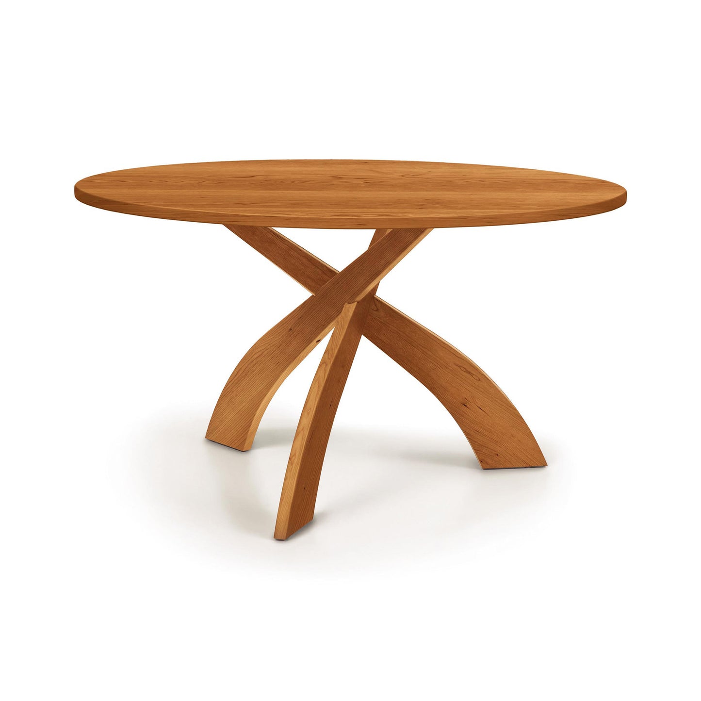 Entwine Round Solid Top Table by Copeland Furniture showcases a smooth wood surface and three artfully curved legs, highlighting fine American craftsmanship.