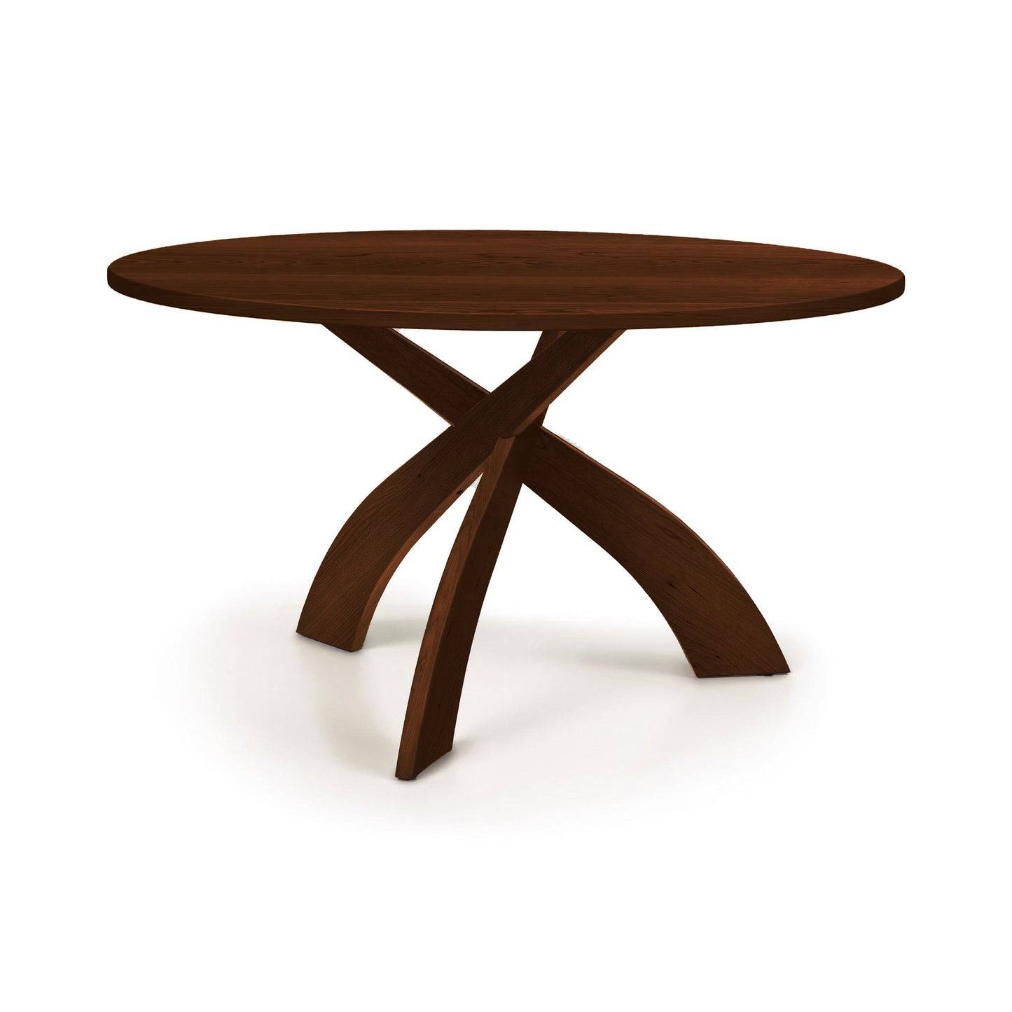 Entwine Round Solid Top Table by Copeland Furniture with distinctive three curved dark wood legs, crafted in the USA.