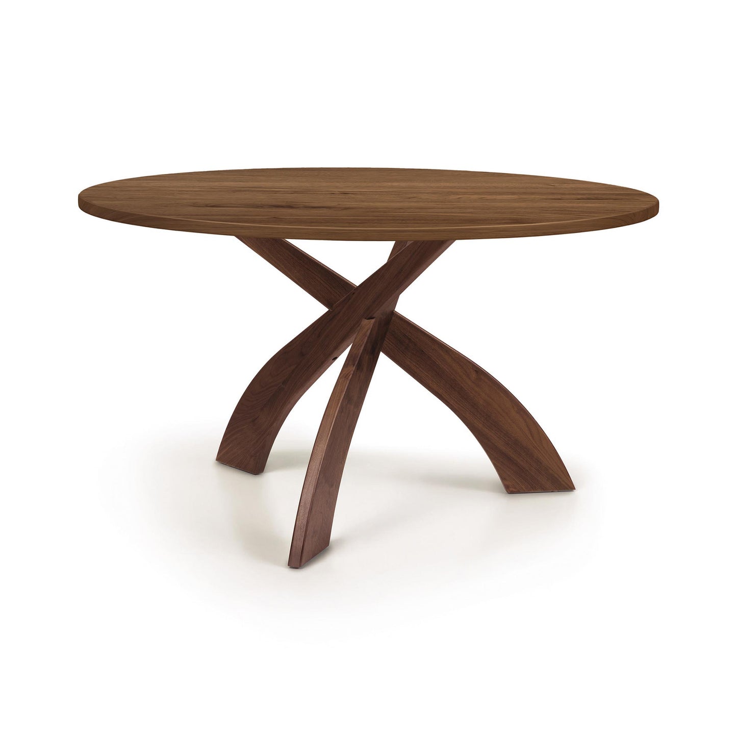 Entwine Round Solid Top Table by Copeland Furniture with three curved legs and a smooth cherry wood finish, American made, high quality craftsmanship.