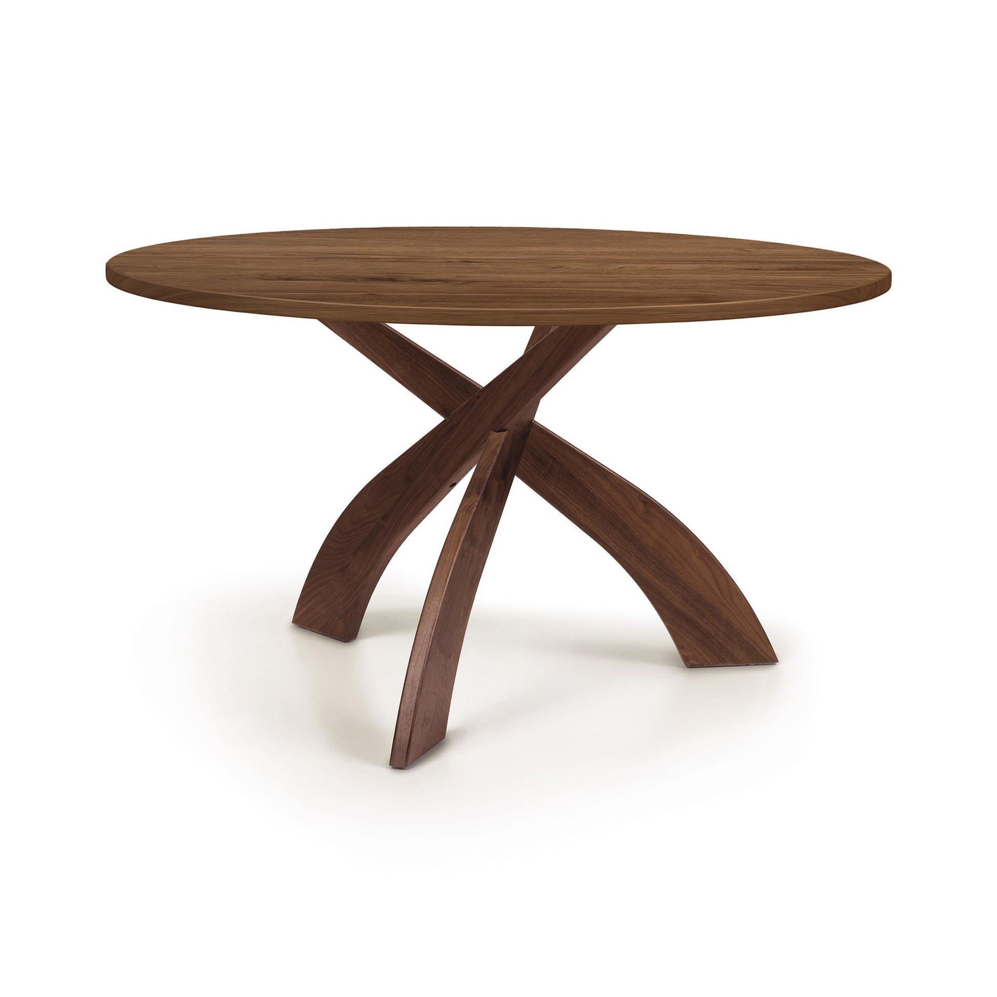 Entwine Round Solid Top Table by Copeland Furniture with three curved legs and a smooth cherry wood finish, American made, high quality craftsmanship.