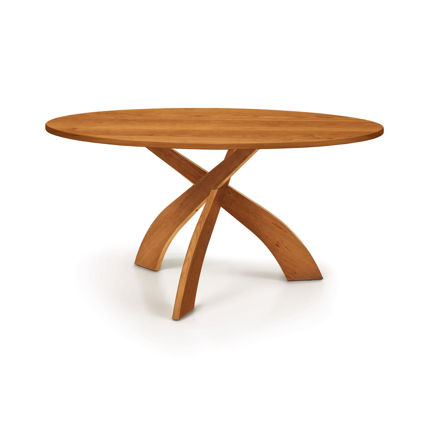 Entwine Round Solid Top Table by Copeland Furniture with three intersecting curved legs and a smooth round top, crafted in the USA.
