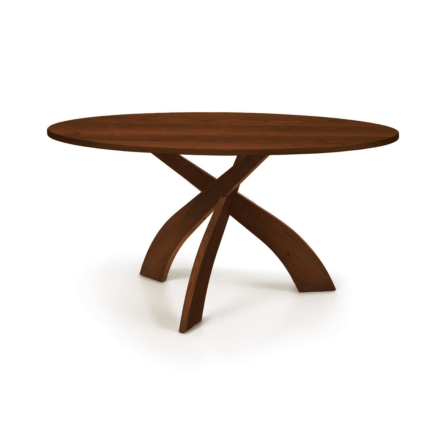 Entwine Round Solid Top Table by Copeland Furniture showcases a sleek cherry wood surface and elegant curved intersecting legs, handcrafted in Vermont.