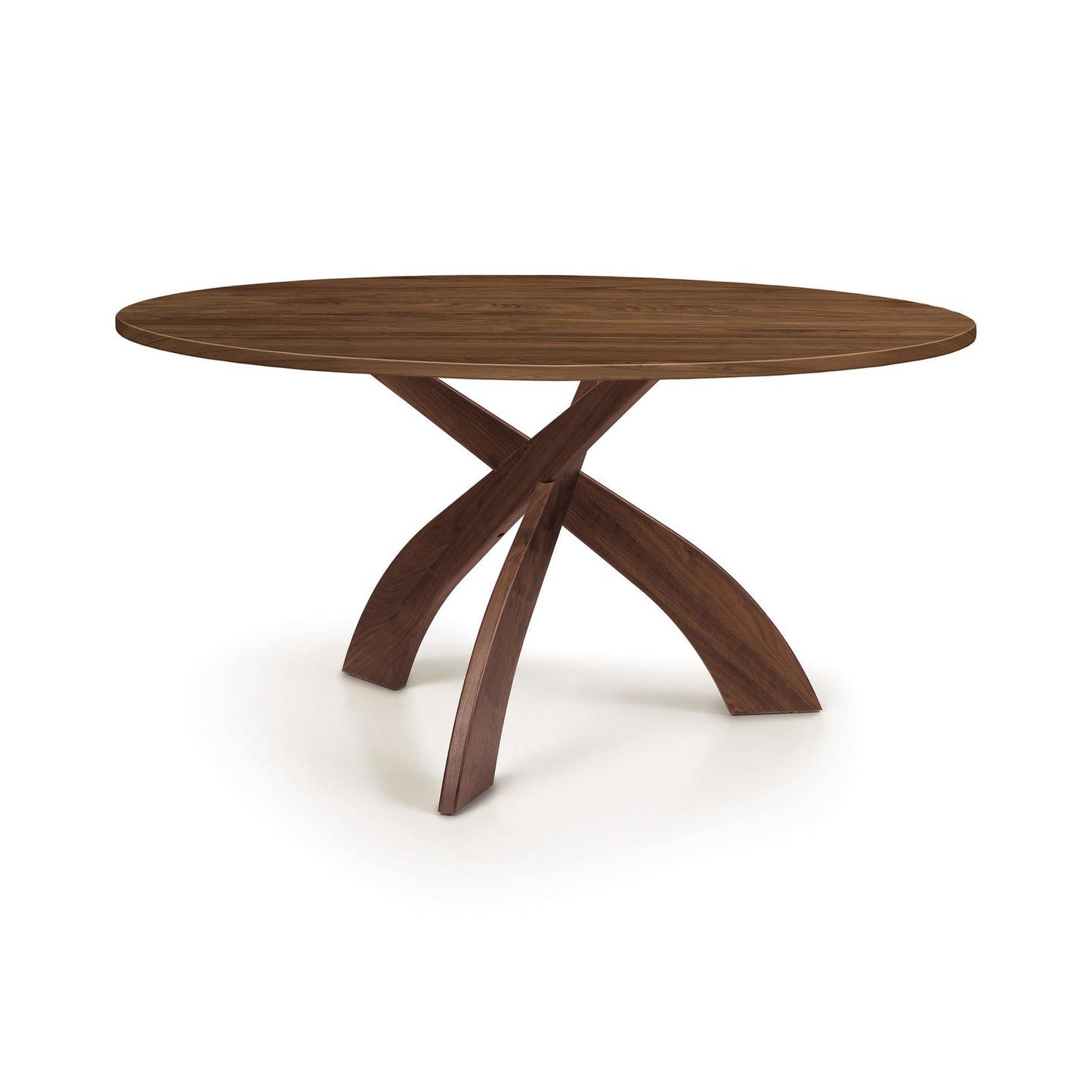 Copeland Furniture Entwine Round Solid Top Table with three elegantly curved legs and a smooth, solid wood top crafted in America.