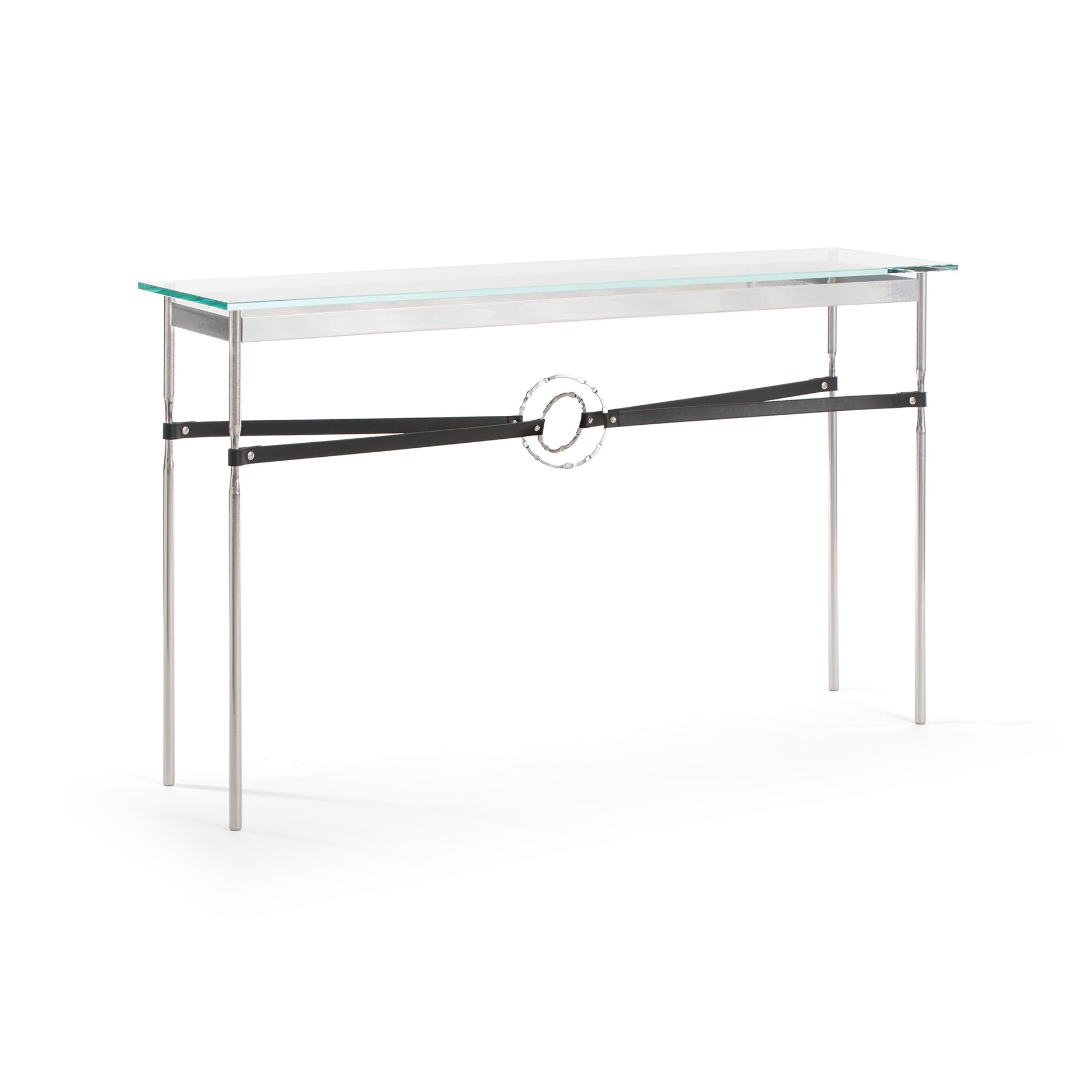 An Equus Console Table with a tempered glass top and metal legs by Hubbardton Forge.