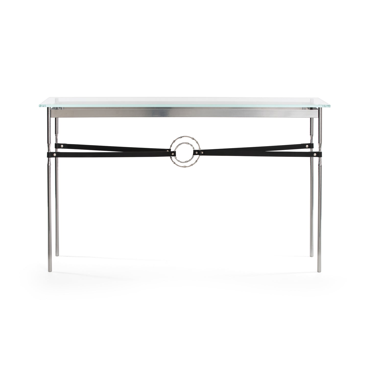 An Equus Console Table by Hubbardton Forge with a metal frame, tempered glass top.