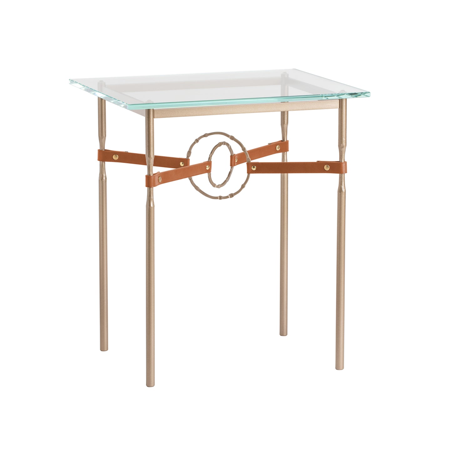The Hubbardton Forge Equus Side Table is a modern and sleek end table, featuring a stylish glass top supported by sturdy metal legs.