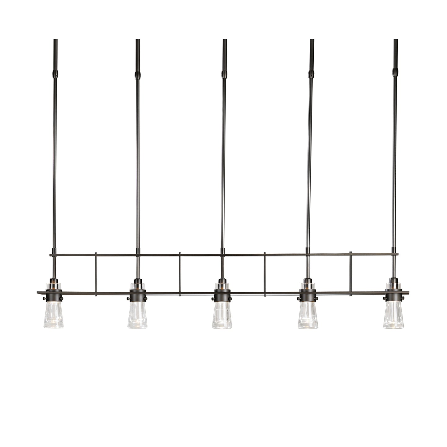 An "Erlenmeyer 5-Light Pendant" fixture by Hubbardton Forge with a metal frame.
