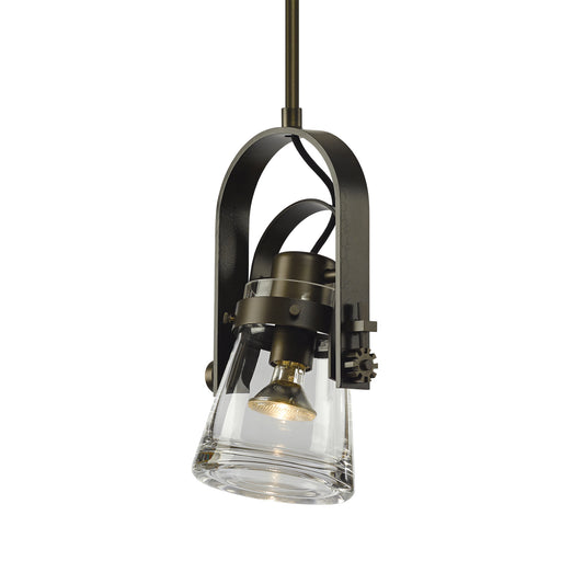 Erlenmeyer Large Mini Pendant features a clear glass shade and bronze frame, showcasing industrial-inspired American craftsmanship in lighting design.