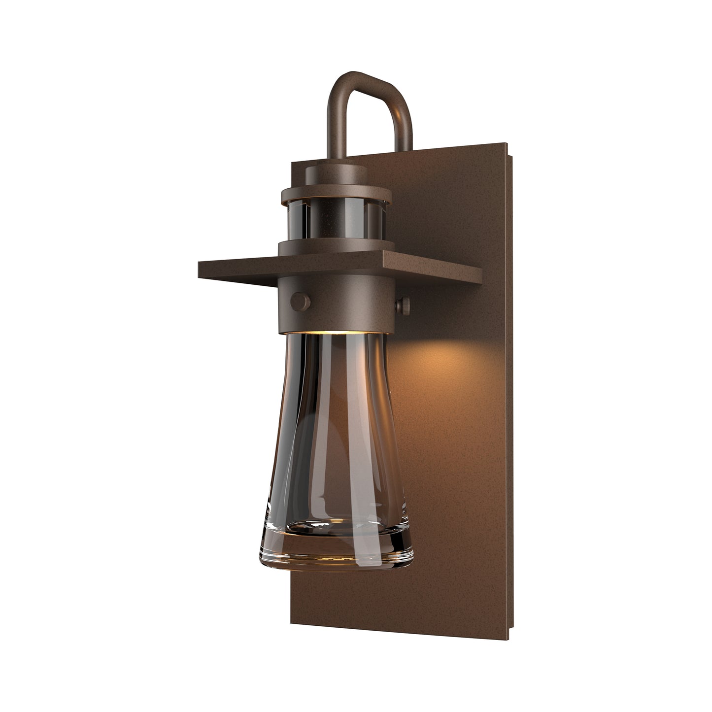 Erlenmeyer Medium Outdoor Sconce by Hubbardton Forge with a handcrafted bronze finish and curved glass, showcasing quality American-made lighting design.