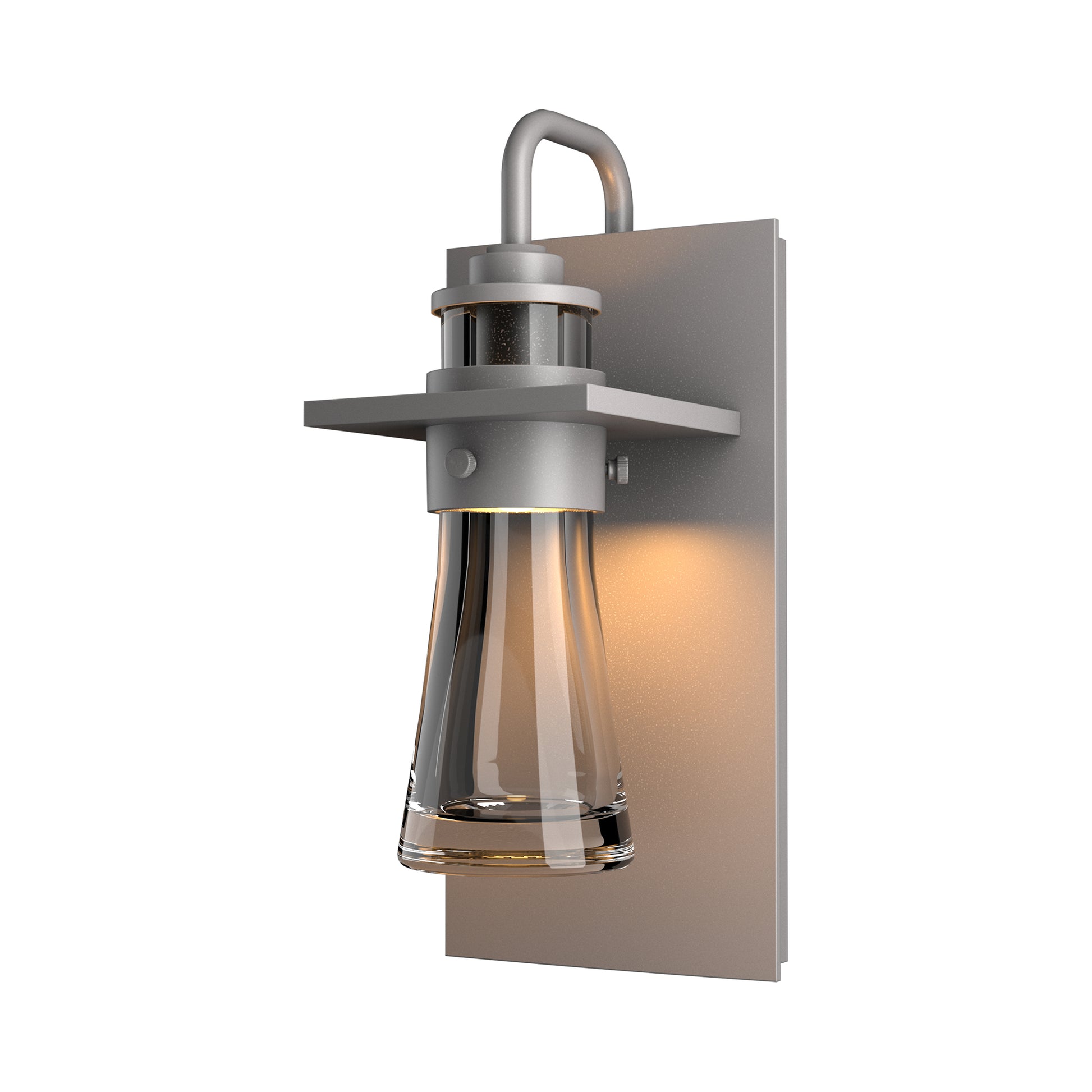 Erlenmeyer Medium Outdoor Sconce by Hubbardton Forge with a sleek metal backplate and clear glass, crafted for quality and style in American-made lighting.