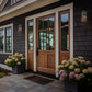 Handcrafted solid wood front door with glass panels, showcasing Vermont-made quality and craftsmanship.