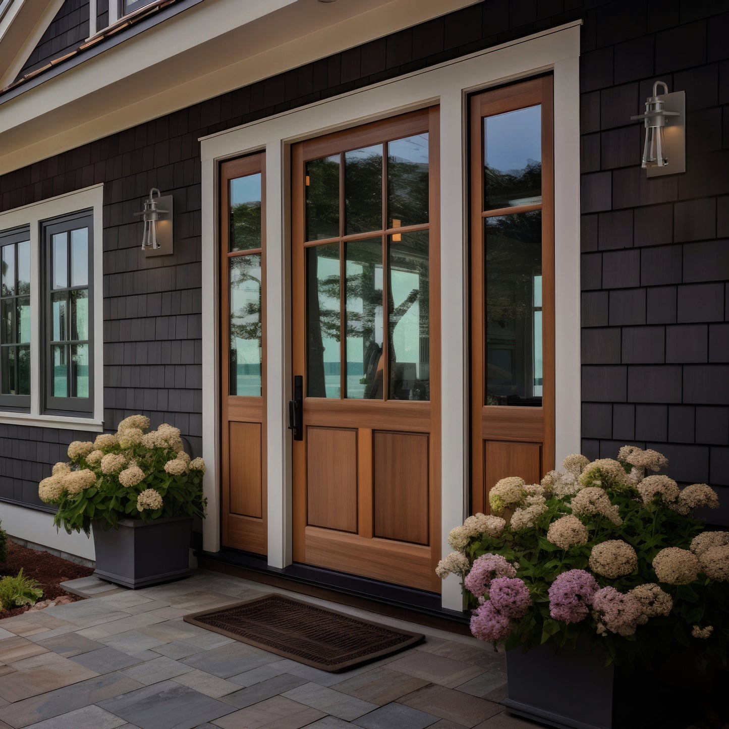 Handcrafted solid wood front door with glass panels, showcasing Vermont-made quality and craftsmanship.