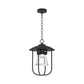 Close-up of the Hubbardton Forge Erlenmeyer Outdoor Pendant with a sleek black metal frame and clear glass, showcasing artisan American craftsmanship.