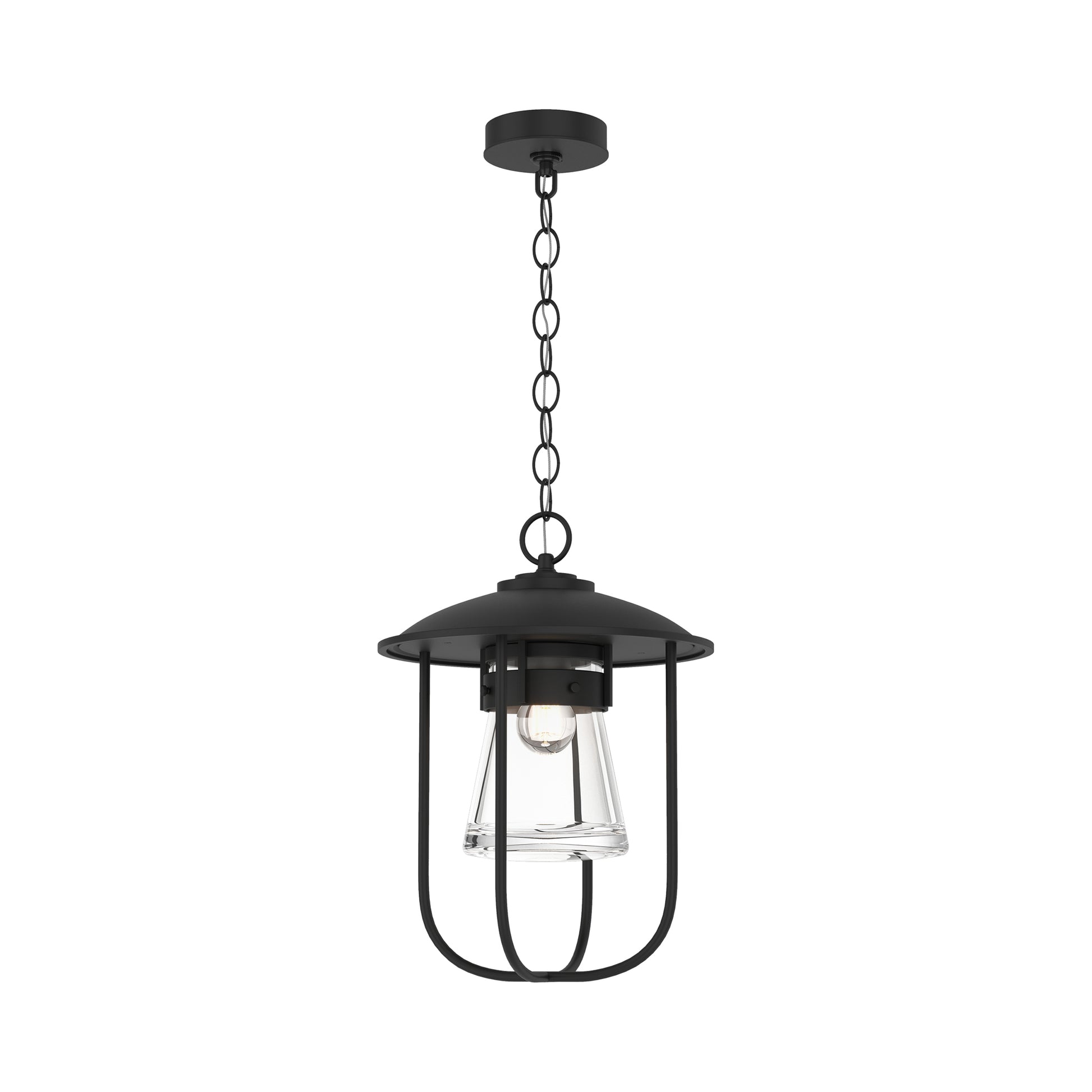 Close-up of the Hubbardton Forge Erlenmeyer Outdoor Pendant with a sleek black metal frame and clear glass, showcasing artisan American craftsmanship.