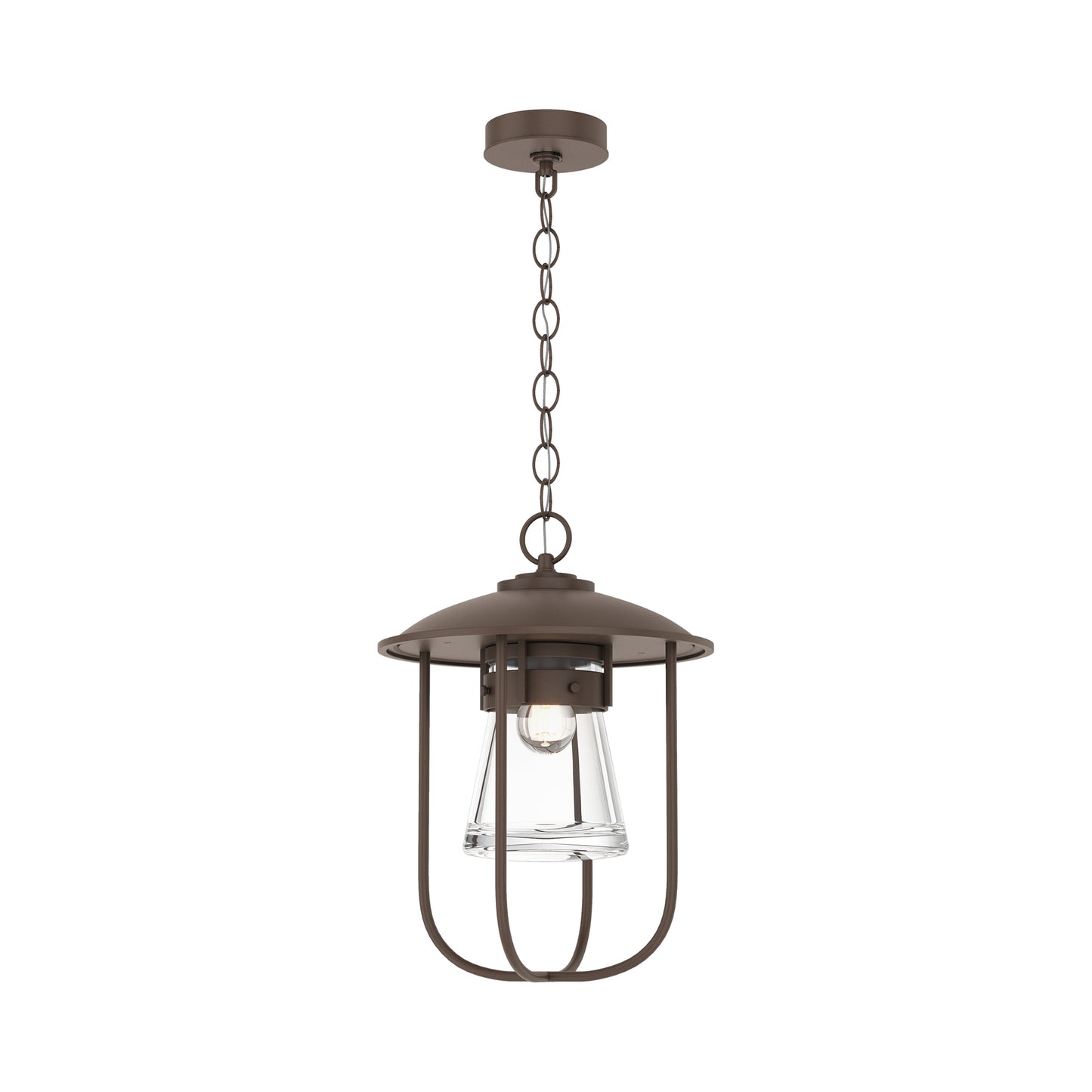 Hubbardton Forge Erlenmeyer Outdoor Pendant features a handcrafted, industrial bronze finish and clear glass shade, showcasing American-made quality.