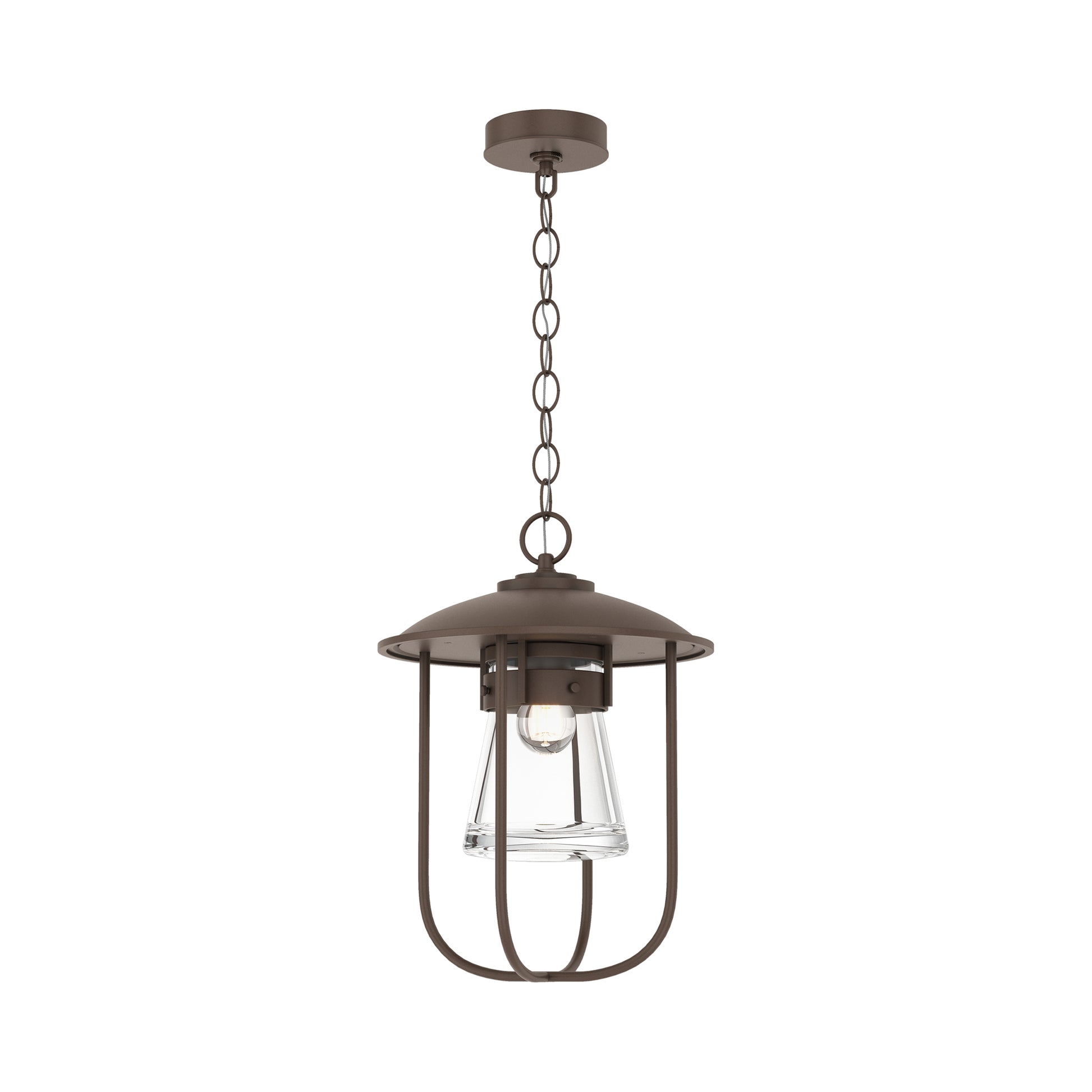 Hubbardton Forge Erlenmeyer Outdoor Pendant features a handcrafted, industrial bronze finish and clear glass shade, showcasing American-made quality.