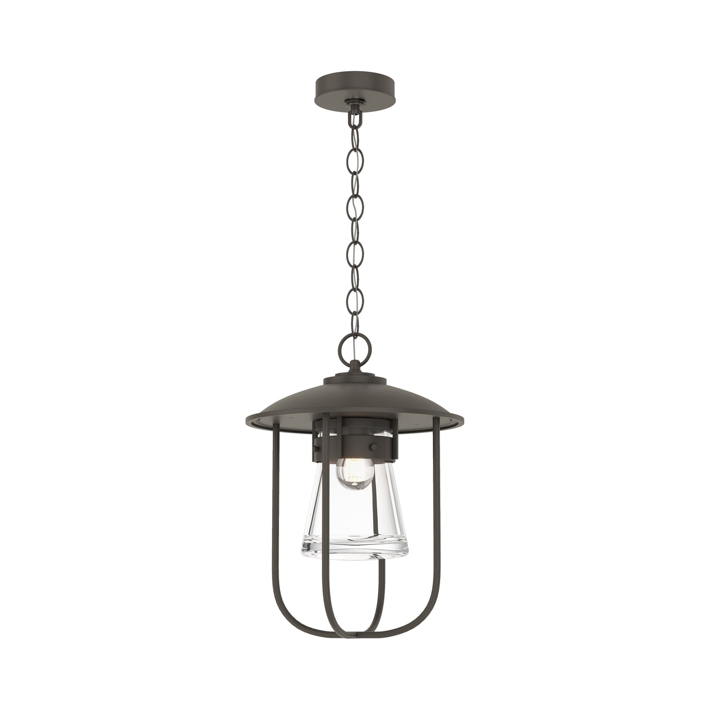 The Erlenmeyer Outdoor Pendant by Hubbardton Forge showcases handcrafted American quality with a sleek black metal frame and clear glass shade.