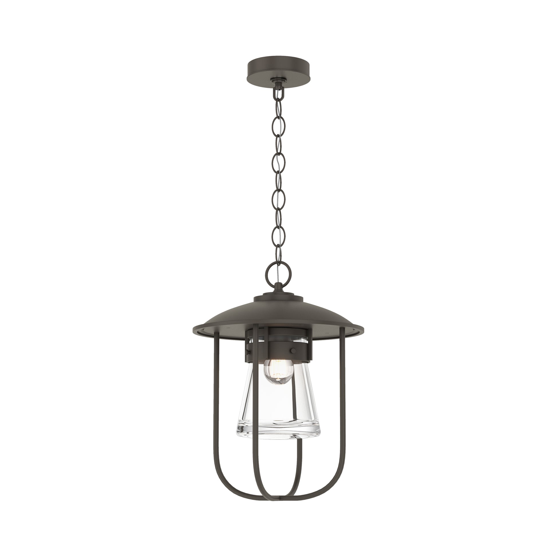 The Erlenmeyer Outdoor Pendant by Hubbardton Forge showcases handcrafted American quality with a sleek black metal frame and clear glass shade.