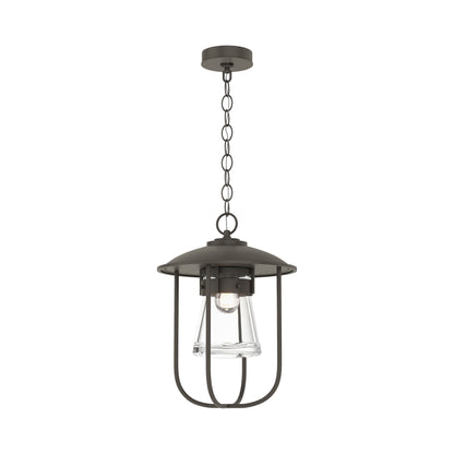 The Erlenmeyer Outdoor Pendant by Hubbardton Forge showcases handcrafted American quality with a sleek black metal frame and clear glass shade.