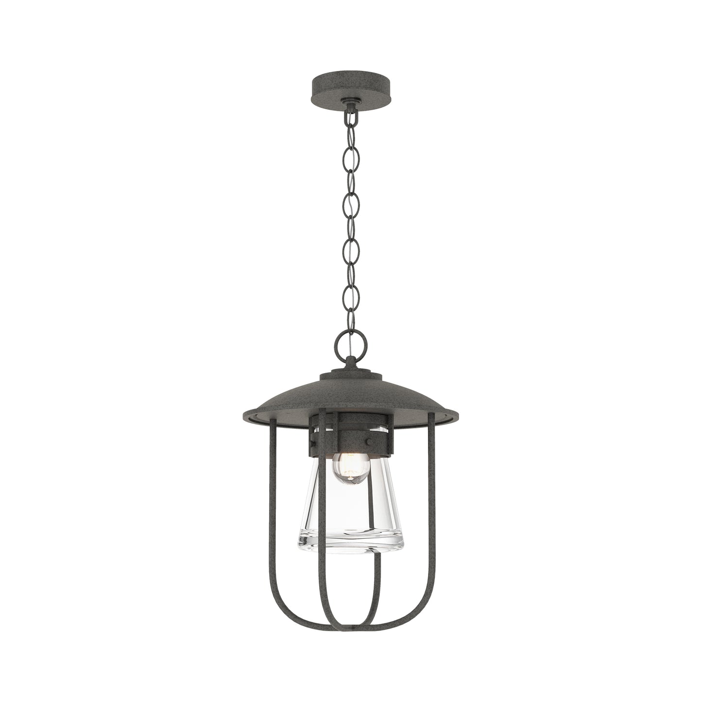 Hubbardton Forge Erlenmeyer Outdoor Pendant features handcrafted black metal, a dome top, and clear glass shade, showcasing quality American craftsmanship.