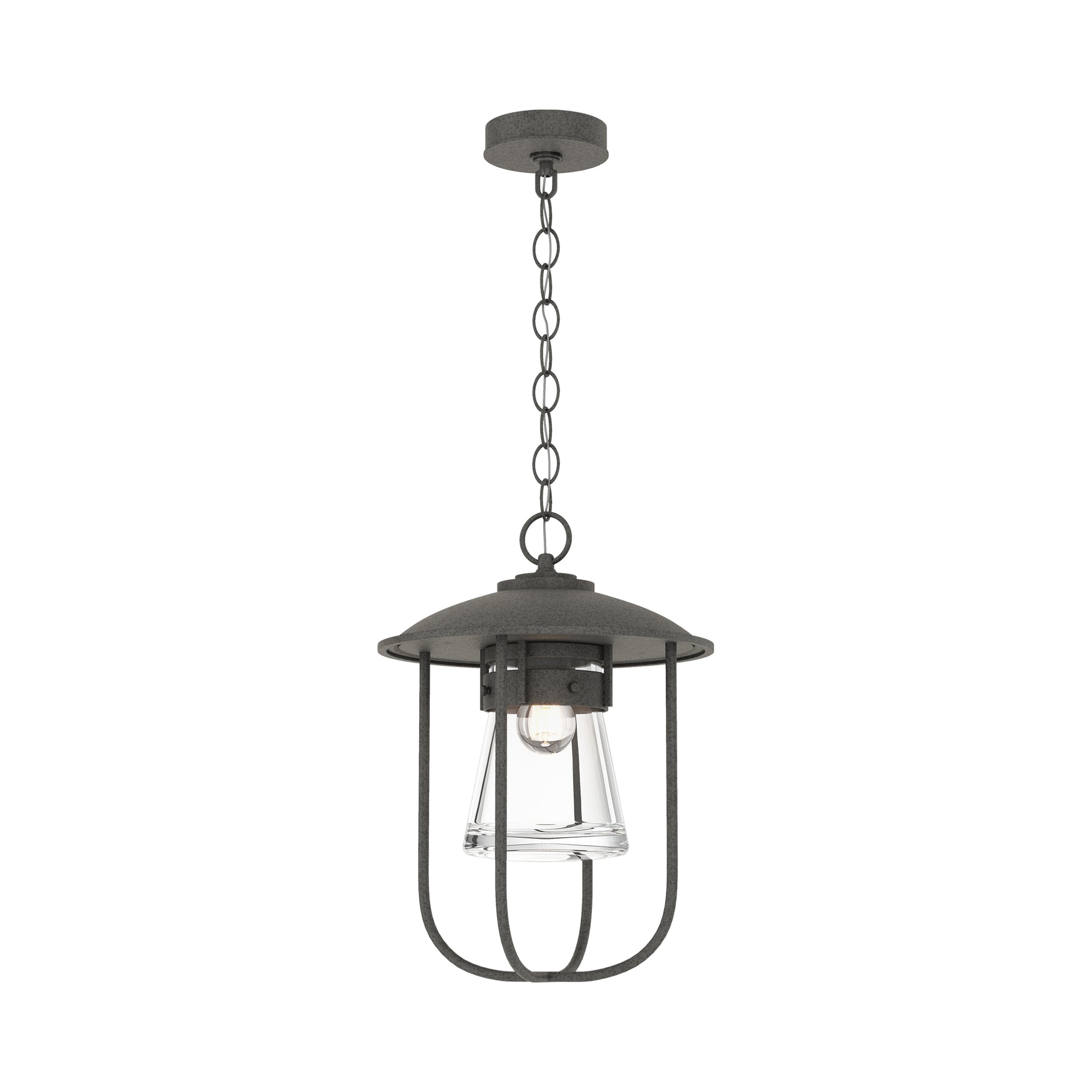Hubbardton Forge Erlenmeyer Outdoor Pendant features handcrafted black metal, a dome top, and clear glass shade, showcasing quality American craftsmanship.