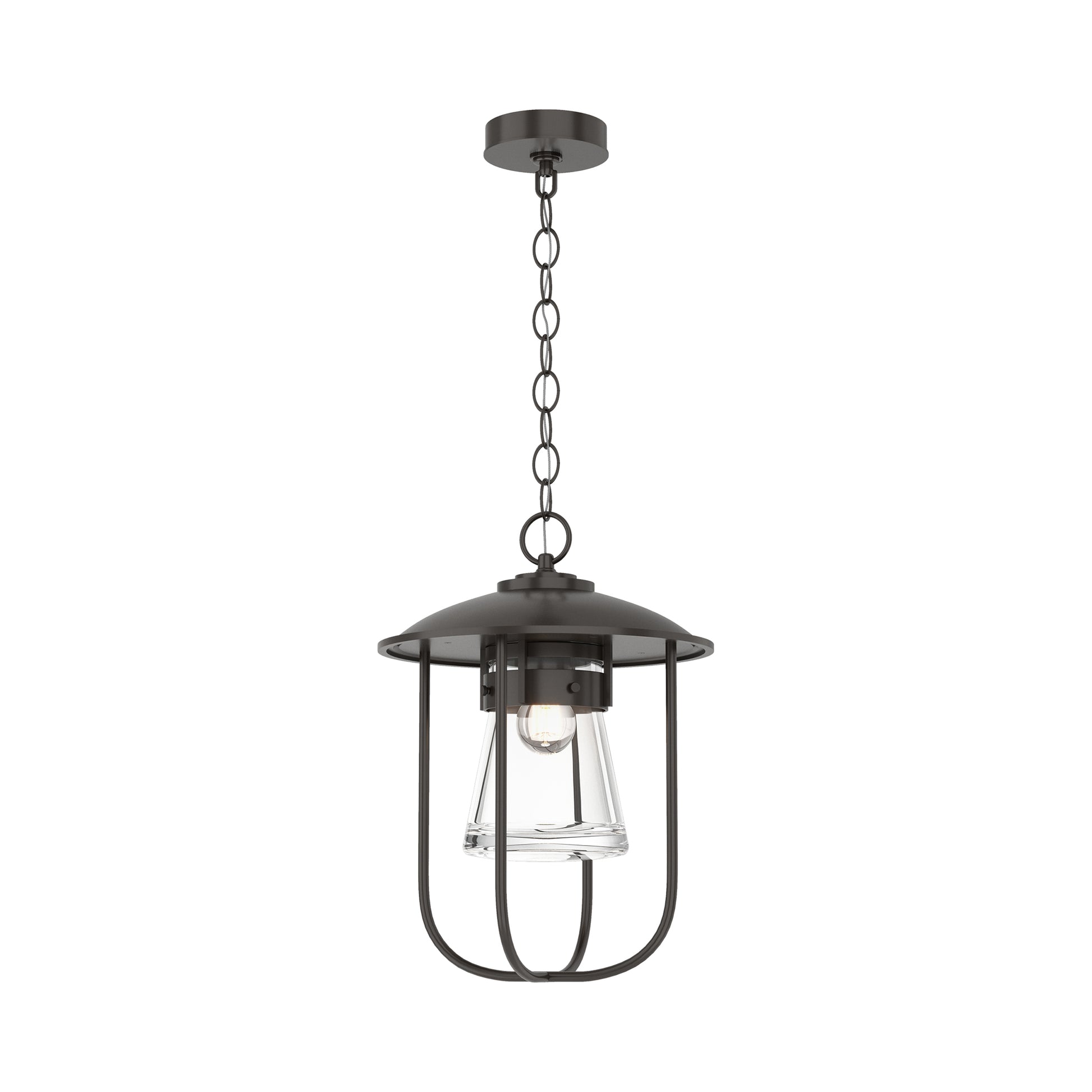 Hubbardton Forge Erlenmeyer Outdoor Pendant with black metal frame, clear glass shade, and exposed bulb, crafted in Vermont for quality and style.