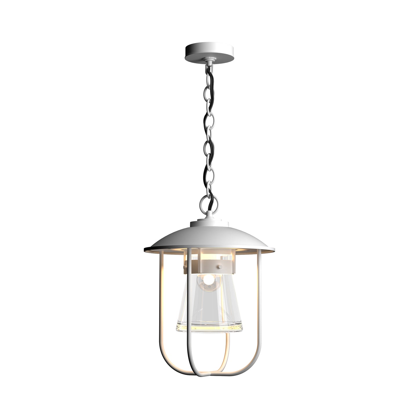 Erlenmeyer Outdoor Pendant by Hubbardton Forge showcases premium American craftsmanship with a white industrial look, metal cage, and glass shade.