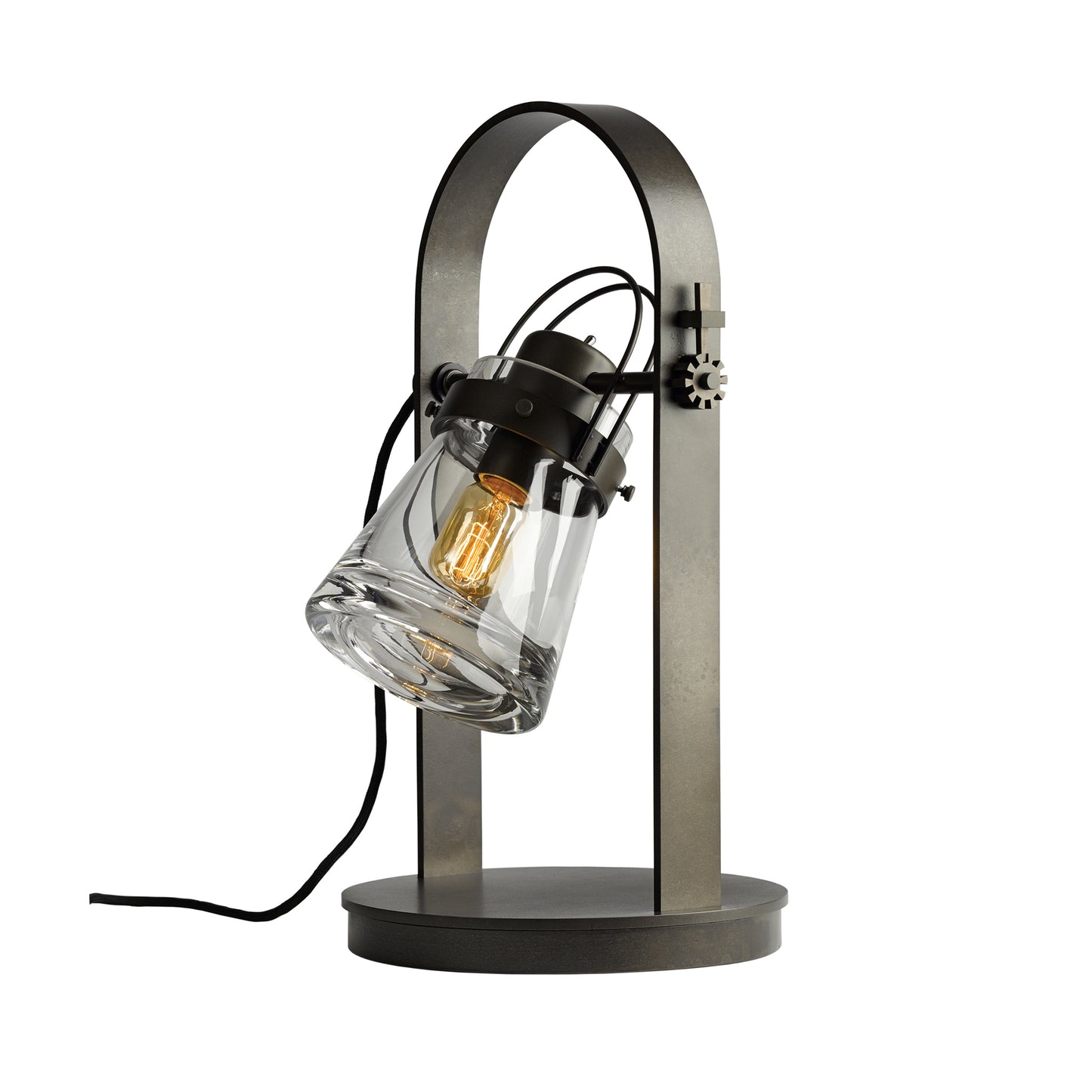 An Hubbardton Forge Erlenmeyer Table Lamp with a metal base and a glass shade.