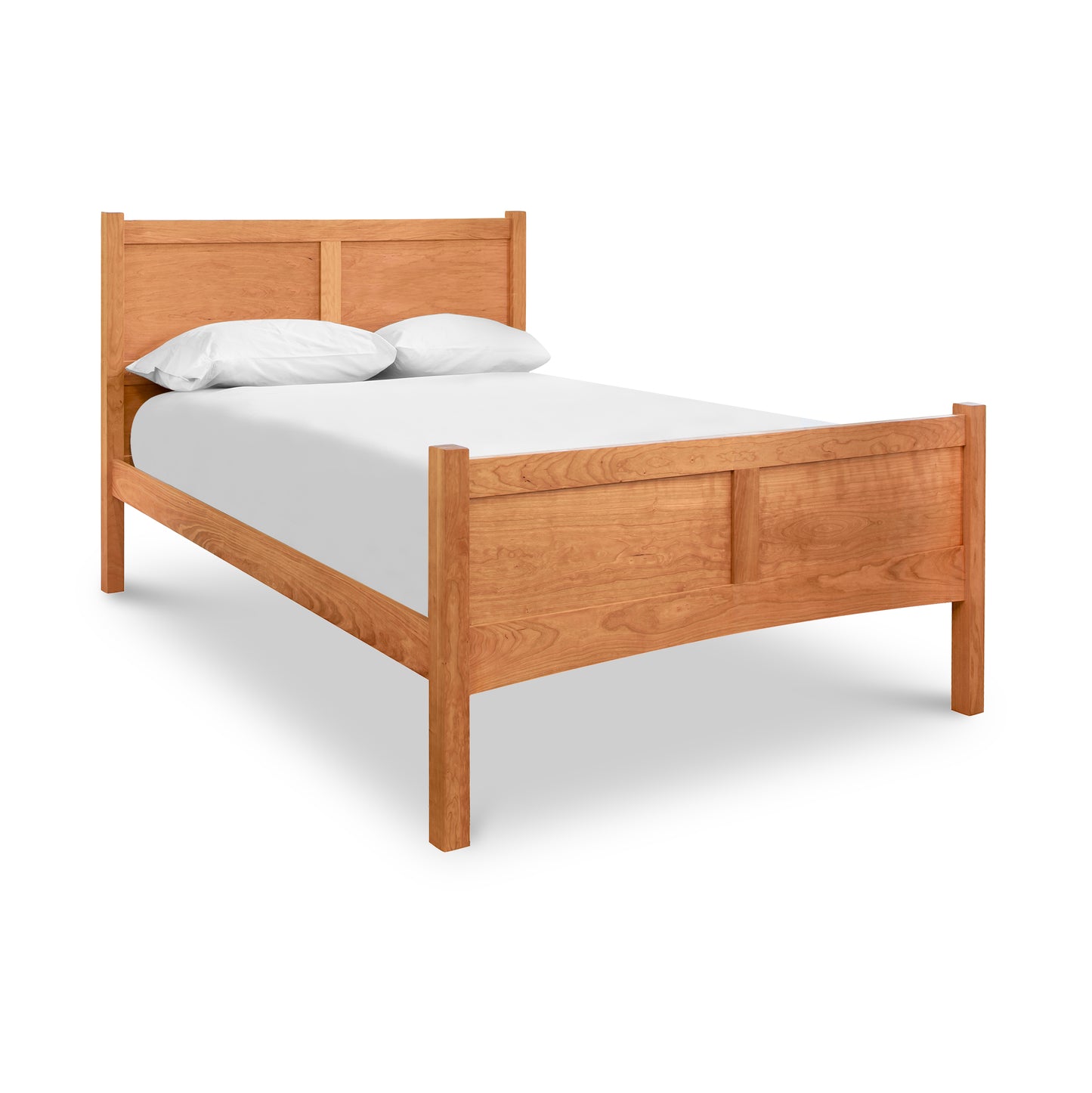 Minimalist Essex High Footboard Bed from Vermont Furniture Designs, crafted in solid hardwood with a high headboard and adorned with white bedding.