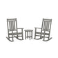 Two gray POLYWOOD Estate 3-Piece Rocking Chair Sets facing each other with a small round table between them, set against a white background.