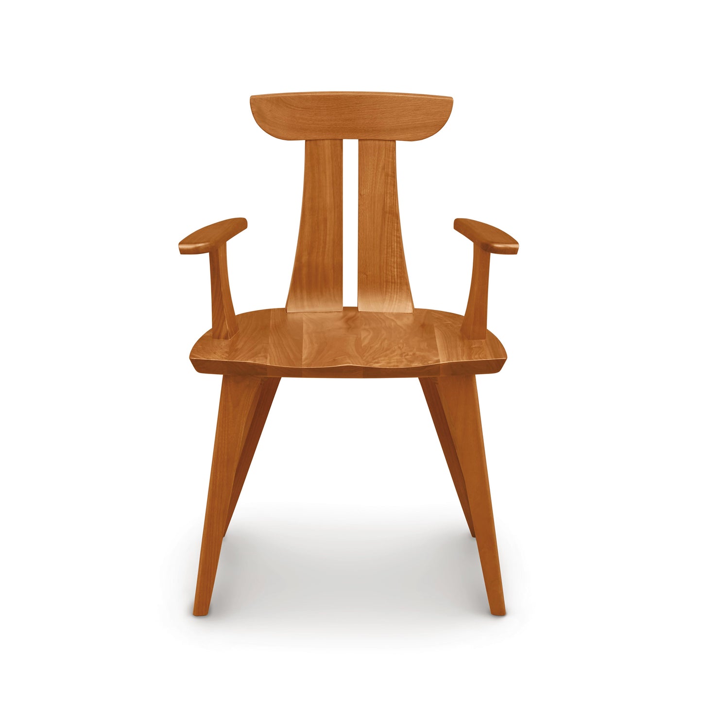 A Copeland Furniture Estelle Cherry Arm Chair - Floor Model featuring mid-century modern design, crafted from beautiful American Walnut wood, placed on a white background.