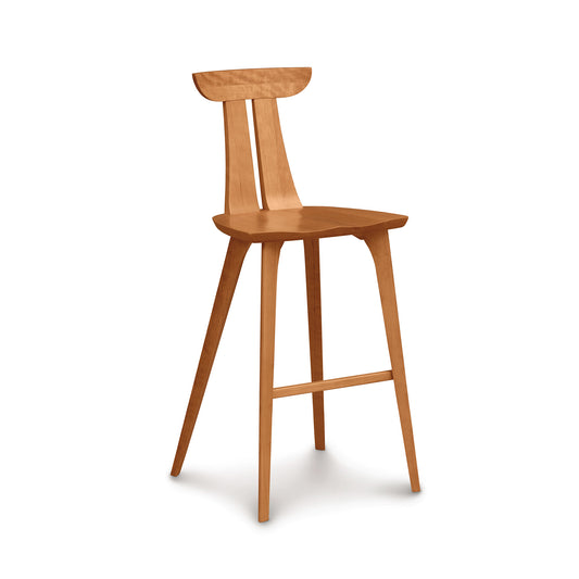A wooden Copeland Furniture Estelle Bar Stool with a backrest, isolated on a white background.