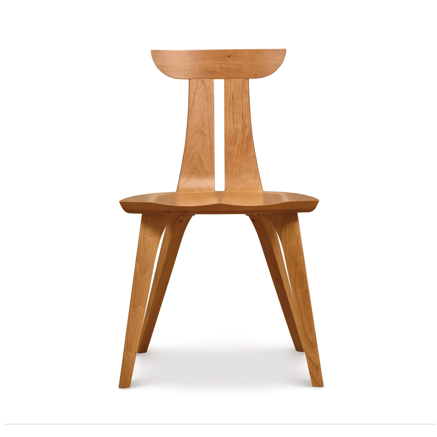 A wooden chair on a white background.