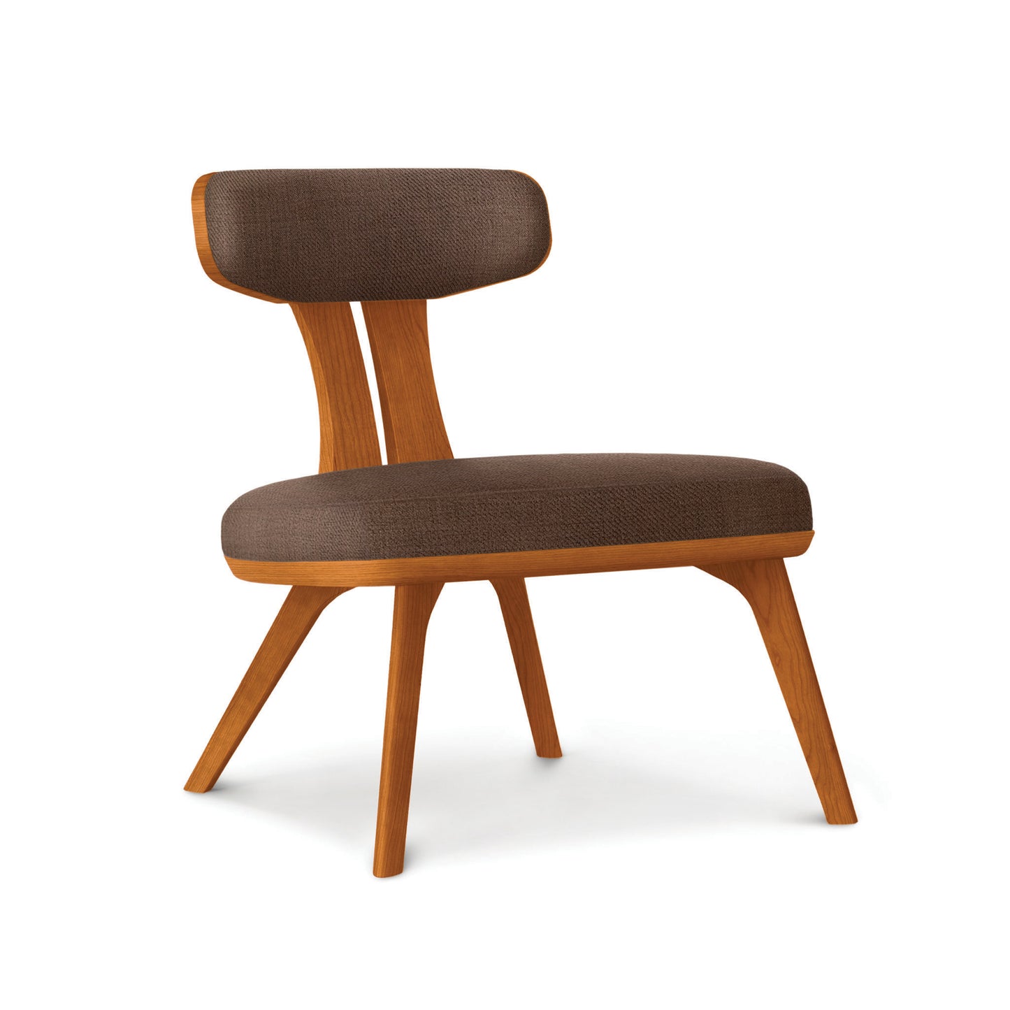 Copeland Furniture Estelle Lounge Chair in solid hardwood with angled legs and a dark brown cushioned seat, showcasing elegant mid-century design.