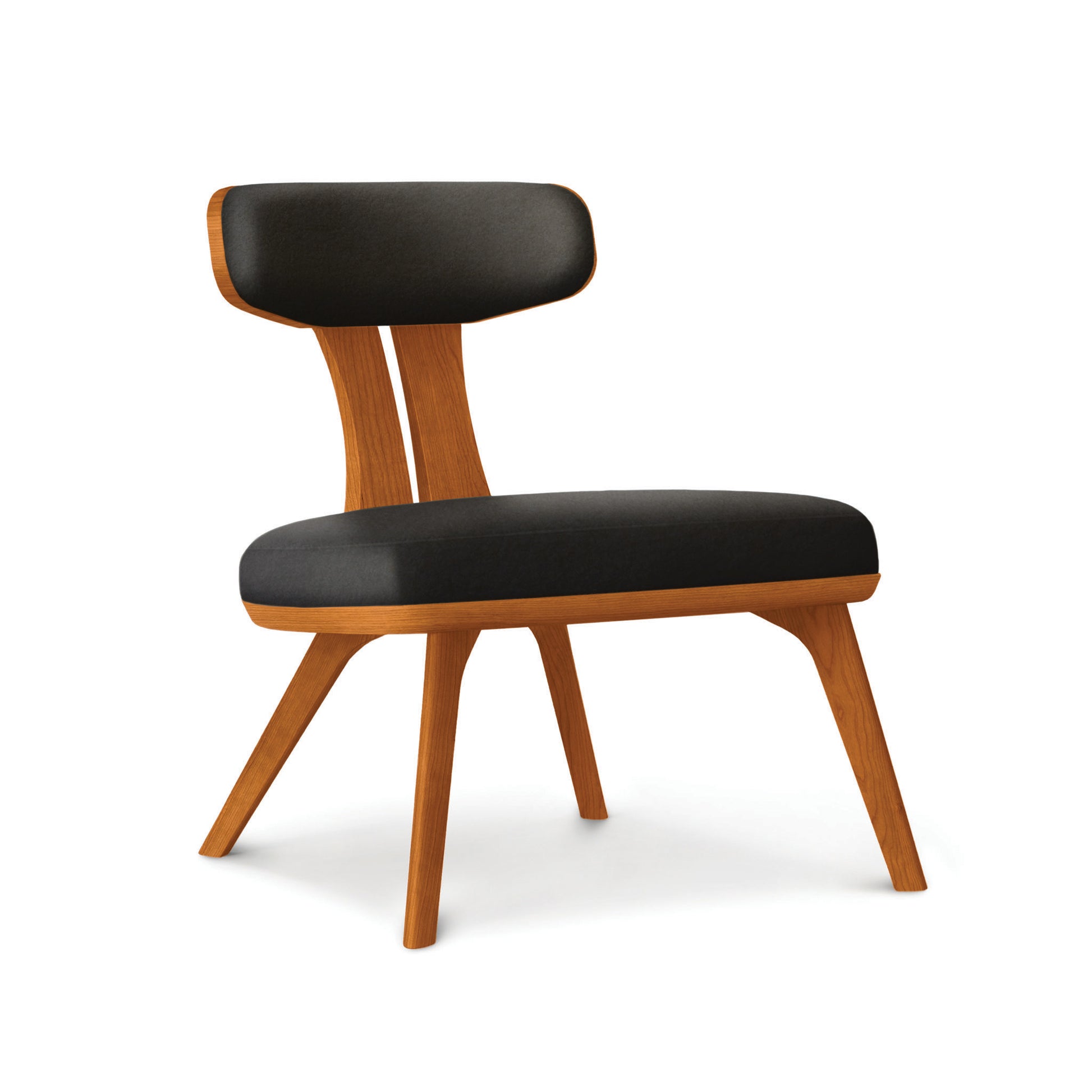 Estelle Lounge Chair by Copeland Furniture in hardwood, showcasing mid-century design with angled legs, wide seat, and black cushioned backrest.