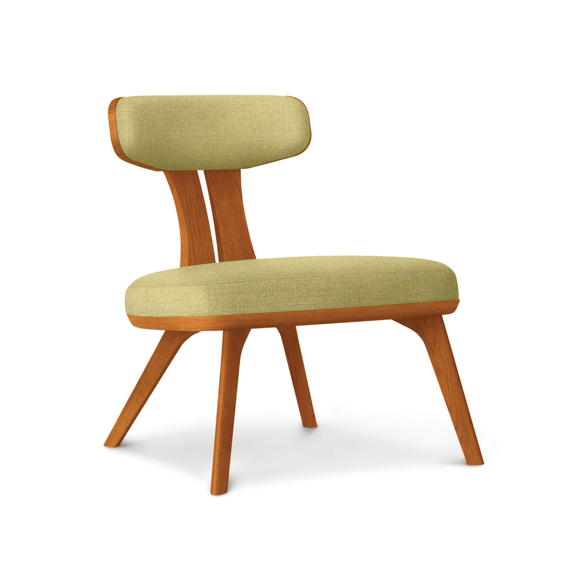 Estelle Lounge Chair by Copeland Furniture features mid-century modern design, American hardwood frame, green upholstered seat, and angled legs.