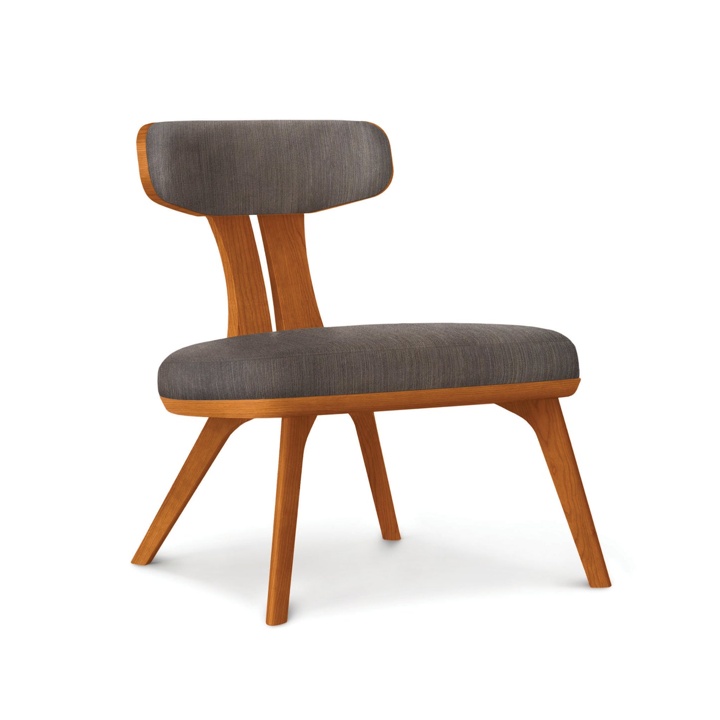 Estelle Lounge Chair by Copeland Furniture with gray cushions, angled legs, and solid American hardwood in a mid-century modern style.