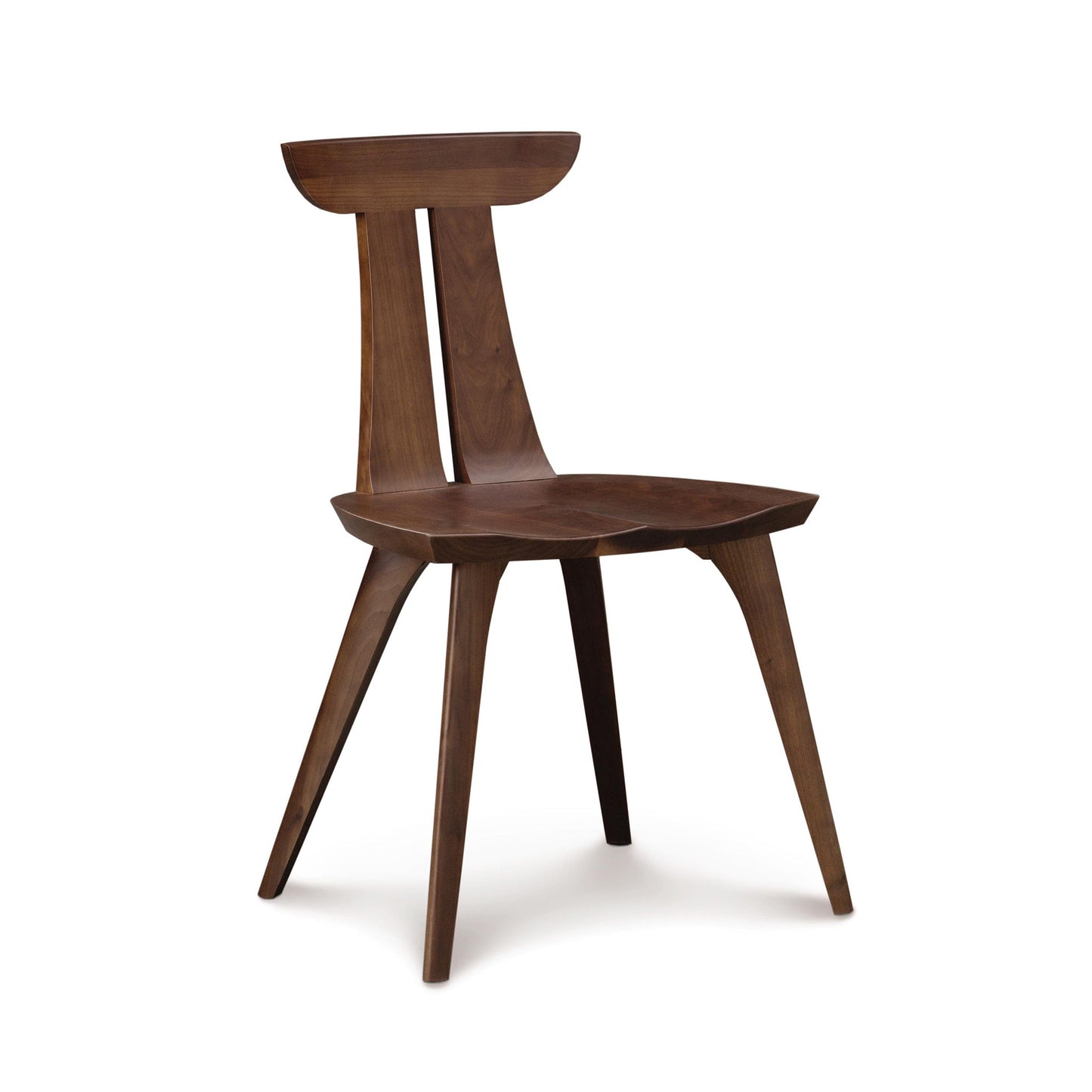 A modern dining chair with a wooden seat.