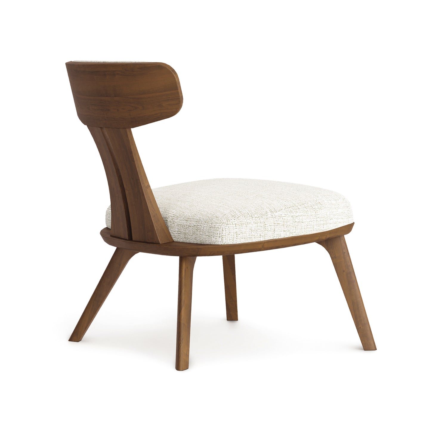 Estelle Walnut Lounge Chair by Copeland Furniture showcasing a minimalist design with a curved backrest and white cushioned seat, crafted from American hardwoods.