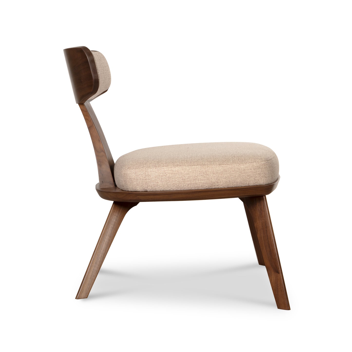 Estelle Lounge Chair by Copeland Furniture shown from the side, showcasing its solid wood frame and beige upholstered seat and backrest.